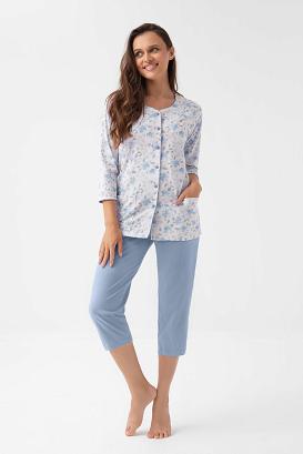 Piżama damska LUNA kod 388 niebieska szara w kwiaty listki rozpinana