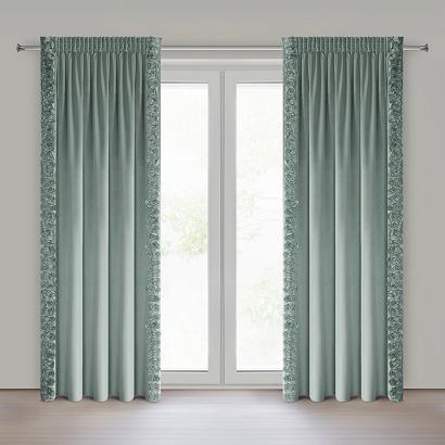 Zasłona gotowa na taśmie ROSES 140x270 Eva Minge Eurofirany miętowa z pasami ozdobnych róż po bokach