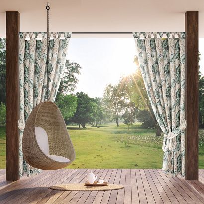 Zasłona gotowa na szelkach wodoodporna GARDEN 155x260 ogrodowa beżowa w liście monstery