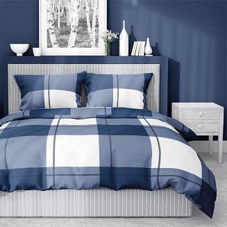 Pościel satynowa 200x220 granatowa niebieska biała krata