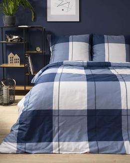 Pościel satynowa 200x220 granatowa niebieska biała krata