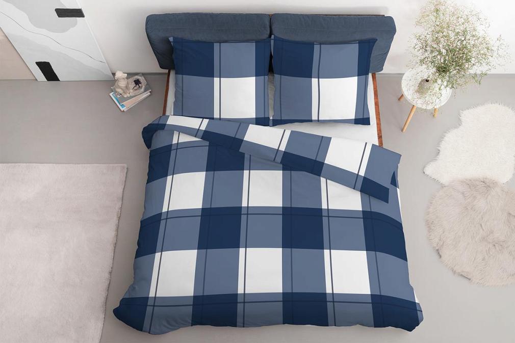 Pościel satynowa 200x220 granatowa niebieska biała krata