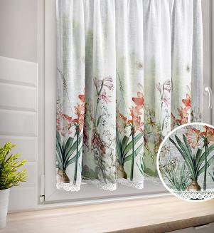 Zazdrostka firana gotowa na tunel NEMEZJA 150x90 Eurofirany biała fioletowa kwiaty amarylisy lilie