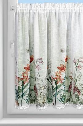 Zazdrostka firana gotowa na tunel NEMEZJA 150x90 Eurofirany biała fioletowa kwiaty amarylisy lilie