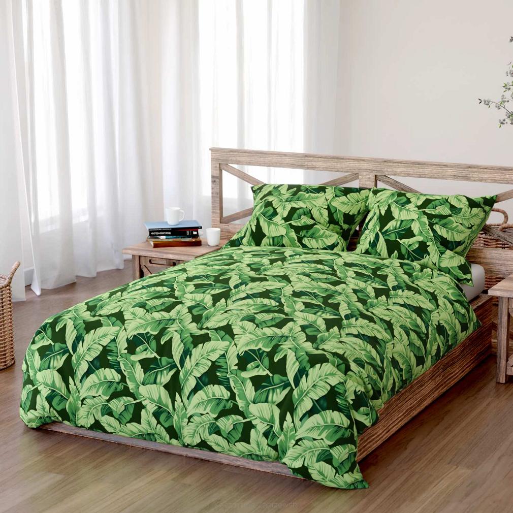 Pościel bawełniana PLANTA 160x200 czarna zielone liście
