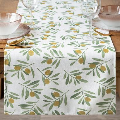 Bieżnik dekoracyjny wodoodporny ERIN 40x140 Eurofirany biały zielony w oliwne gałązki