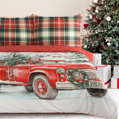 Komplet pościeli świąteczny XMAS 160x200 Eurofirany czerwony biały krata auto św. Mikołaja