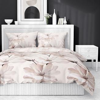 Pościel satynowa 220x200 Detexpol beżowa kremowa kwiaty magnolii
