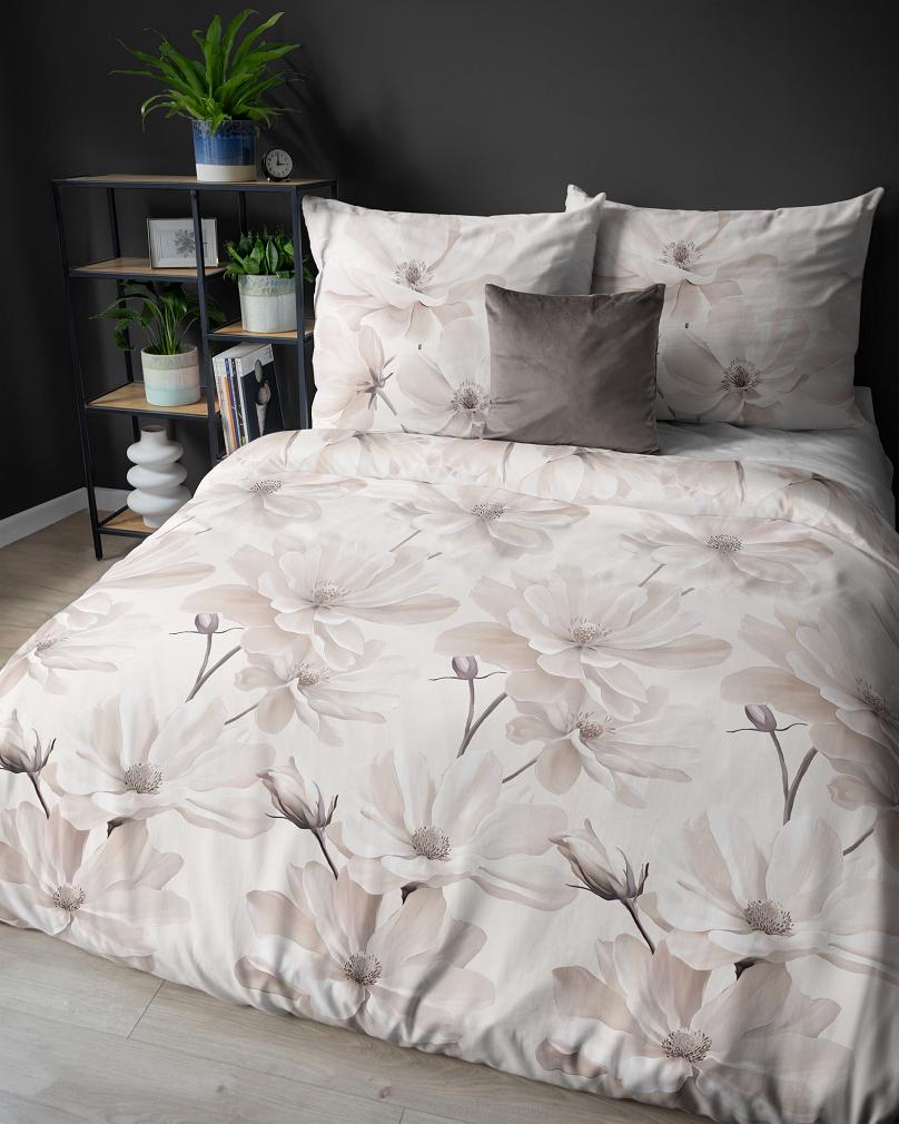 Pościel satynowa 220x200 Detexpol beżowa kremowa kwiaty magnolii