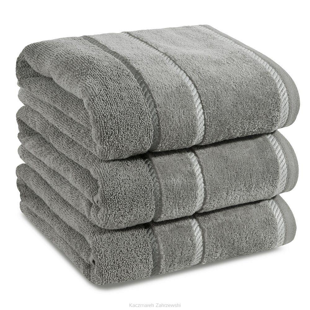 Ręcznik bawełniany z welurową bordiurą w ozdobne paseczki NEL 30x50 Eurofirany stalowy