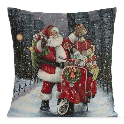 Poszewka dekoracyjna świąteczna gobelinowa 45x45 Eurofirany popielata czerwona św. Mikołaj skuter