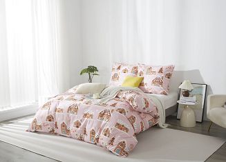Pudrowa Świąteczna Pościel z Mikrofibry z Nadrukiem 140x200 Gingerhouse