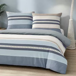 Komplet pościeli MARLON z bawełny satynowej 220x200 niebieska beżowa kremowa w pasy