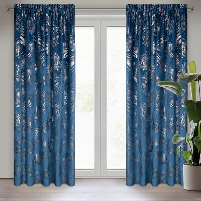 Zasłona gotowa na taśmie GLORIA 140x300 Eurofirany welwet granatowa ze złotym nadrukiem liści