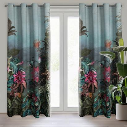 Zasłona gotowa na przelotkach ALINE 140x250 Eurofirany ciemnozielona różowa botaniczny ogród kwiaty