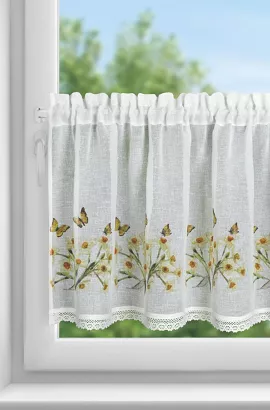 Firana gotowa zazdrostka FLORA 150x60 Eurofirany biała żółta żonkile motyle