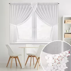 Firana gotowa na taśmie HESTIA 400x160 Eurofirany biała z etaminy koronkowe listki na bokach