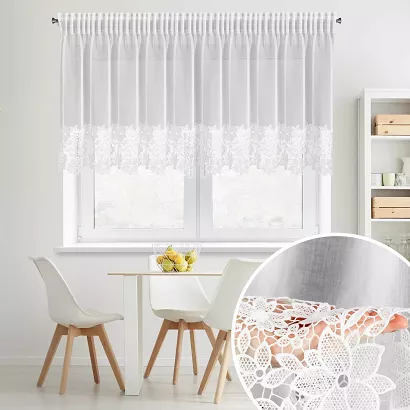 Firana gotowa na taśmie ARTEMIDA 400x80 Eurofirany biała z etaminy kwiatowa aplikacja na dole