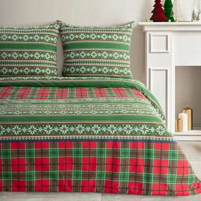 Komplet pościeli świąteczny AURORA 160x200 Eurofirany flanela zielony czerwony kratka śnieżynki