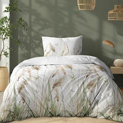 Pościel bawełniana 140x200 Detexpol biała zielone beżowe polne trawy