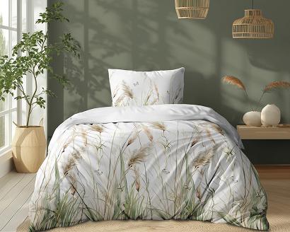 Pościel bawełniana 140x200 Detexpol biała zielone beżowe polne trawy