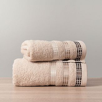 Ręcznik bawełniany LUXURY 70x140 beżowy z bordiurą w geometryczne pasy