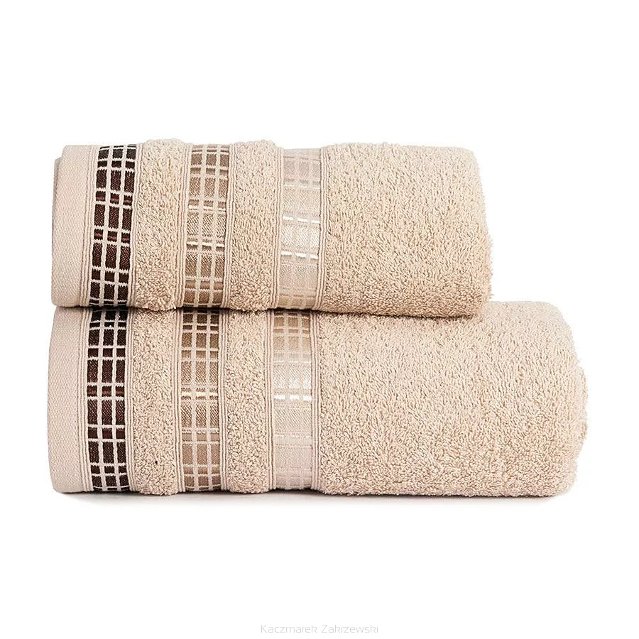 Ręcznik bawełniany LUXURY 70x140 beżowy z bordiurą w geometryczne pasy