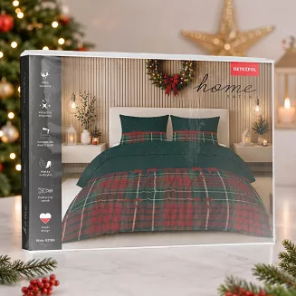 Pościel satynowa świąteczna Home Satin 160x200 zielona czerwona w kokardy i kratę