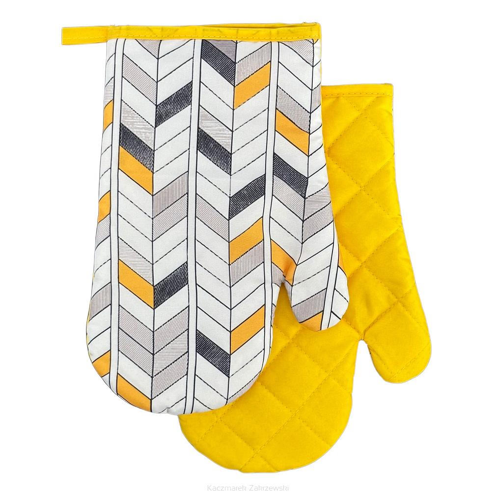 Rękawice kuchenne 18x27 z magnesem 2 szt. białe musztardowe geometryczny wzór