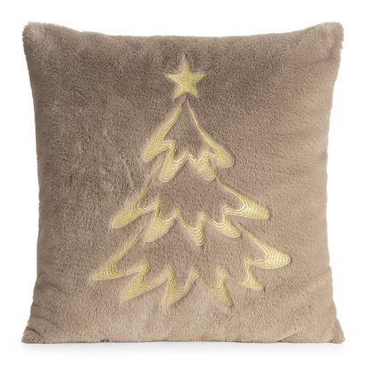 Poszewka dekoracyjna świąteczna 45x45 Eurofirany jasnobrązowa futerkowa haftowana choinka