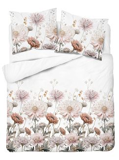 Pościel satynowa 220x200 Detexpol biała kwiecista elegancja dalie chryzantemy