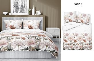 Pościel satynowa 220x200 Detexpol biała kwiecista elegancja dalie chryzantemy