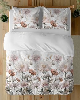 Pościel satynowa 220x200 Detexpol biała kwiecista elegancja dalie chryzantemy