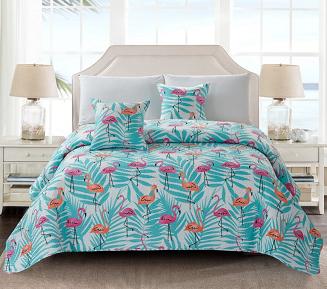 Poszewka dekoracyjna FLAMINGOVE 45x45 pikowana biała miętowe liście flamingi