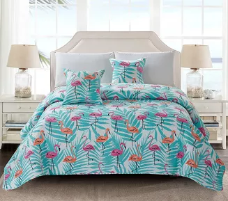 Poszewka dekoracyjna FLAMINGOVE 45x45 pikowana biała miętowe liście flamingi
