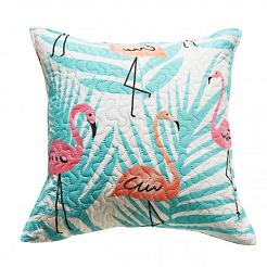 Poszewka dekoracyjna FLAMINGOVE 45x45 pikowana biała miętowe liście flamingi