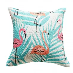 Poszewka dekoracyjna FLAMINGOVE 45x45 pikowana biała miętowe liście flamingi