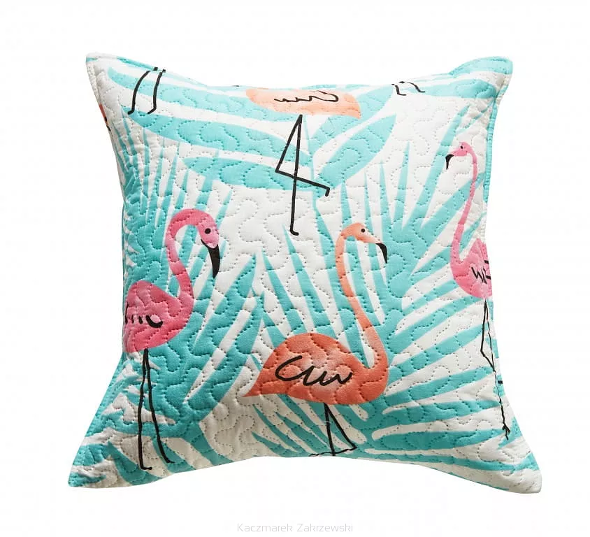 Poszewka dekoracyjna FLAMINGOVE 45x45 pikowana biała miętowe liście flamingi