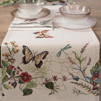 Bieżnik obrus dekoracyjny gobelin SPRING 45x140 Eurofirany naturalny czerwony kwiaty motyle