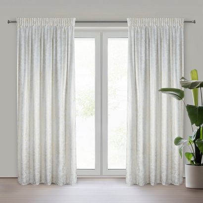 Zasłona gotowa na taśmie AVENA 135x270 Eurofirany biała welwetowa szampański nakrapiany nadruk