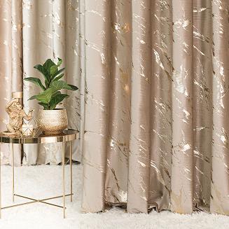 Zasłona gotowa na przelotkach MARMA 140x250 ciemnobeżowa ze złotym nadrukiem