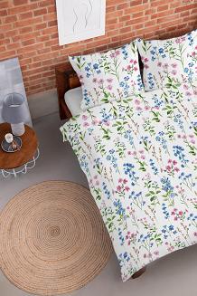 Pościel flanelowa 220x200 biała niebieskie różowe polne kwiaty