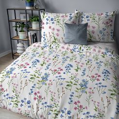 Pościel flanelowa 220x200 biała niebieskie różowe polne kwiaty