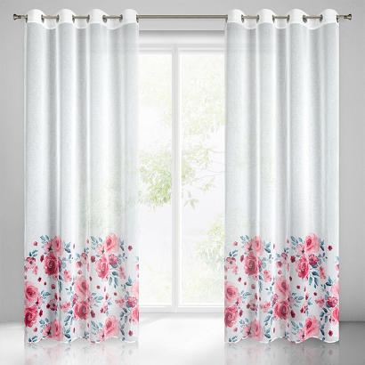 Zasłona gotowa na przelotkach CARLA 140x250 Eurofirany biała w malowane pędzlem róże