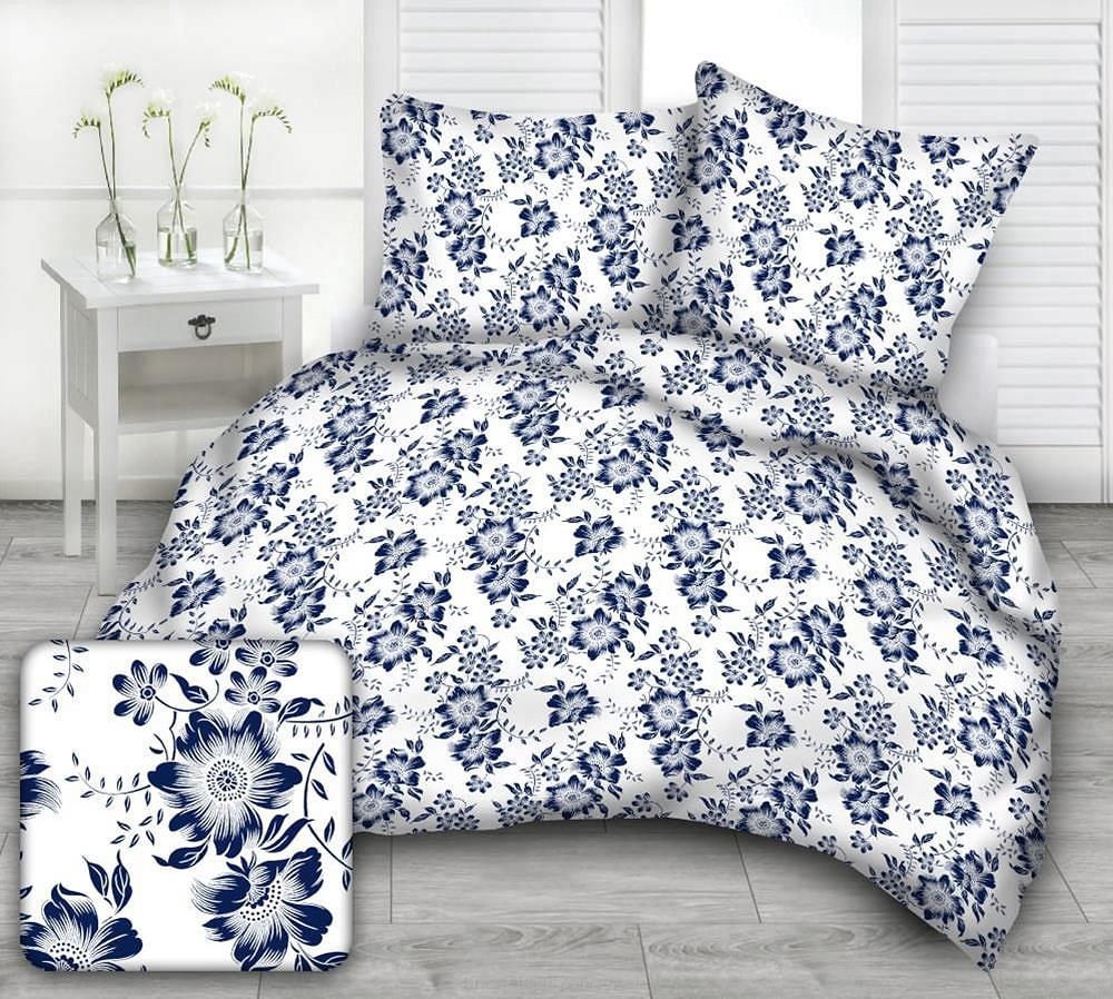 Pościel z kory 200x220 wzór granatowe kwiaty | białe tło