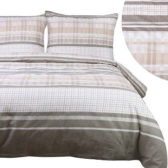 Pościel bawełniana COTTONLOVE 180x200 beżowa brązowa dekoracyjne pasy i krata