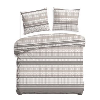 Pościel bawełniana COTTONLOVE 180x200 beżowa brązowa dekoracyjne pasy i krata