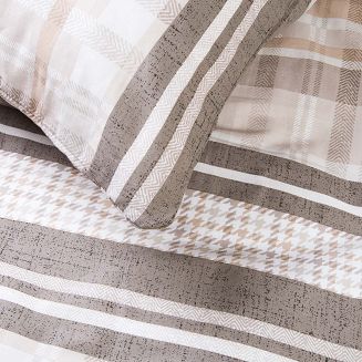 Pościel bawełniana COTTONLOVE 180x200 beżowa brązowa dekoracyjne pasy i krata