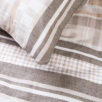 Pościel bawełniana COTTONLOVE 180x200 beżowa brązowa dekoracyjne pasy i krata