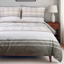 Pościel bawełniana COTTONLOVE 180x200 beżowa brązowa dekoracyjne pasy i krata